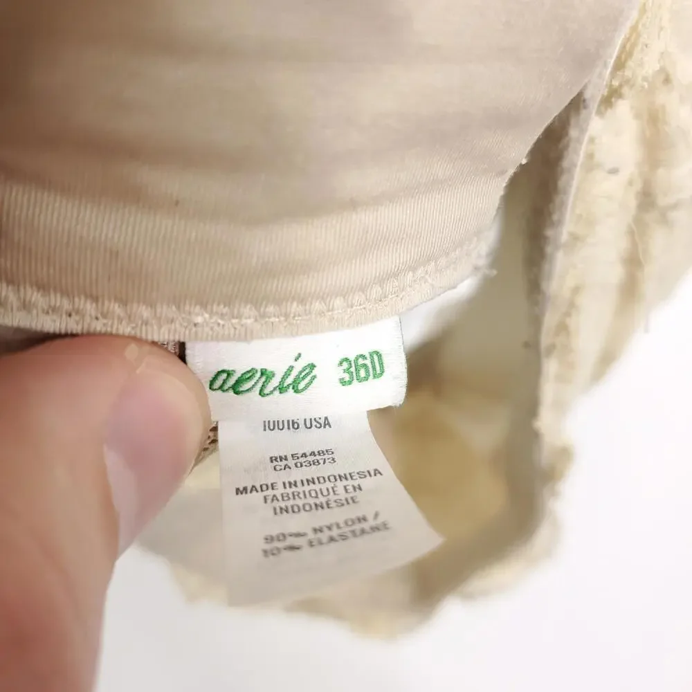 Aerie Bra Womens 36B Lace Bralette Padded Cups Strappy Crossed Back Cream